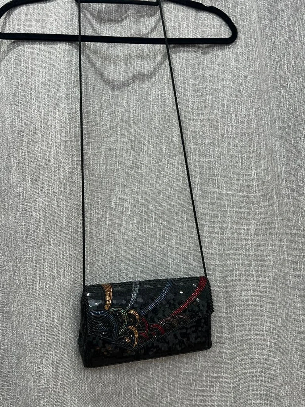 Black Sequin Beaded Evening Clutch with Multicolor Wave Accent